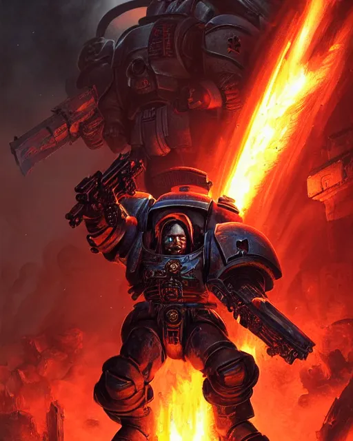 Image similar to space marine surrounded by explosions and burning buildings, sharp focus, hyper detailed, dark fantasy, warhammer 4 0 k, digital painting, by by artgerm and greg rutkowski and magali villeneuve