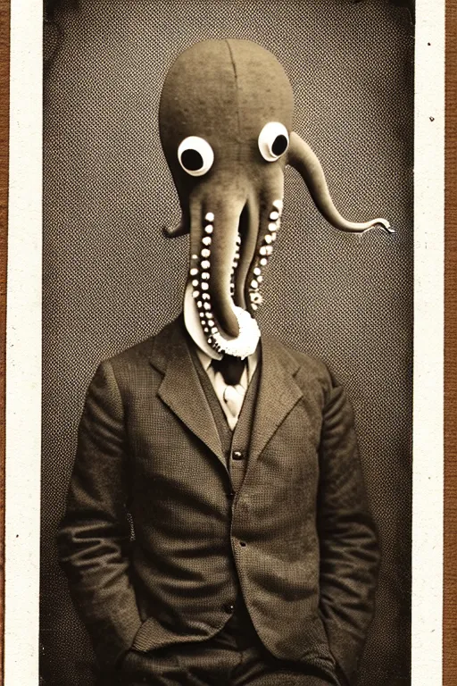 Prompt: anthropomorphic octopus , wearing a suit, tentacles spilling out of the collar, long neck, bust portrait vintage photograph, sepia