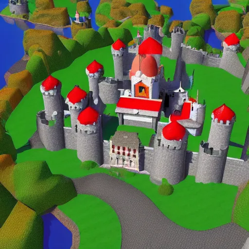 Prompt: 3D Mario 64 castle aerial view, 4k, fall