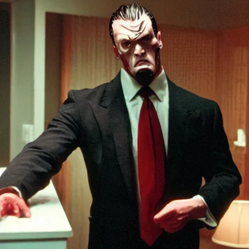 Prompt: The Undertaker as The American Psycho, cinematic still, sweating hard
