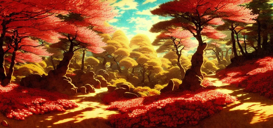 Image similar to ghibli illustrated luminism background of a trail leading through a strikingly beautiful landform with strange rock formations and blood red waterfall, fallen leaves blow in the wind and cherry blossoms by vasily polenov, eugene von guerard, ivan shishkin, albert edelfelt, john singer sargent, albert bierstadt 4 k
