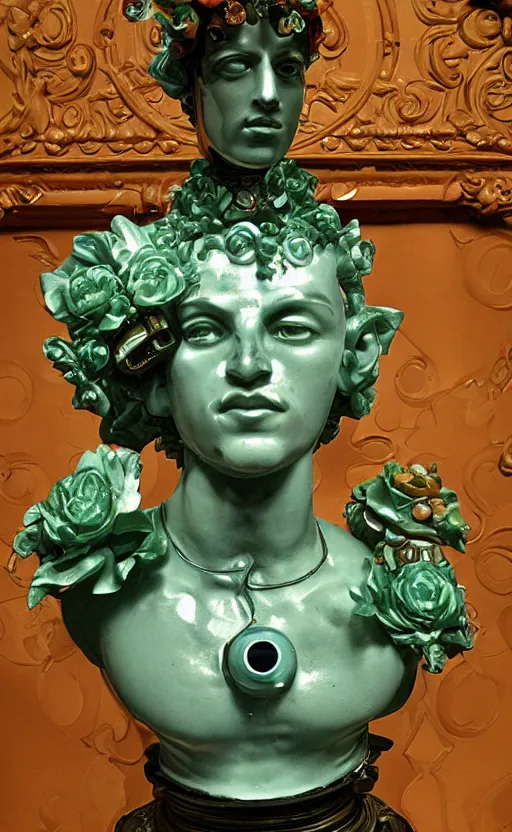 Image similar to a young handsome latino porcelain prince sculpture with a face of a CRT monitor and a large glowing orange crystal in the center of his chest, full-body bronze cyberpunk style statue of Andromeda with glowing green laser eyes, crown of mechanical roses, flowing aqua silk, fabric, steampunk flowers. baroque elements, human hands. full-length view. baroque element. intricate artwork by caravaggio. many flying horses on background. Trending on artstation, octane render, cinematic lighting from the right, hyper realism, octane render, 8k, depth of field, 3D