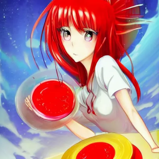 Prompt: a beautiful anime woman stuck inside of a giant red jello placed on a plate on a kitchen table, fantasy anime art style.