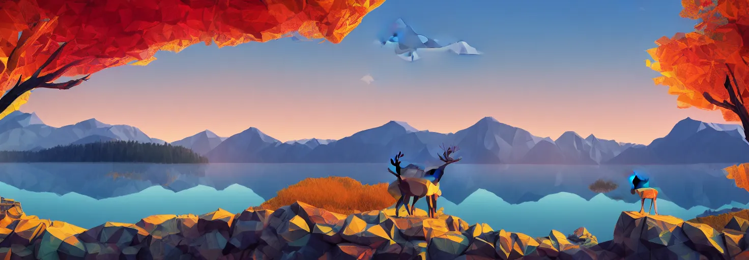 Prompt: super detailed color lowpoly art, northern sunset with rocks on front, blured monochromic lake in the middle of perspective and foggy mountains at background, graphic reindeers in random points, unreal engine, david hockney color palette, 3d render, lowpoly, colorful, digital art