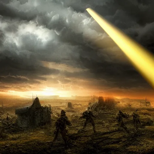 Image similar to Sickly yellow light breaking through the clouds shining down upon a desolate battlefield, fantasy, matte painting, 8k resolution, high detail, masterpiece, dark atmosphere