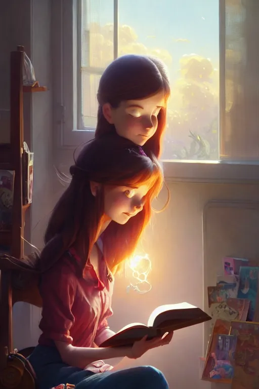 Image similar to highly detailed portrait of beautiful girl reading a book in toy story, dynamic pose, stephen bliss, unreal engine, fantasy art by greg rutkowski, loish, rhads, ferdinand knab, makoto shinkai and lois van baarle, ilya kuvshinov, rossdraws, tom bagshaw, global illumination, radiant light, detailed and intricate environment