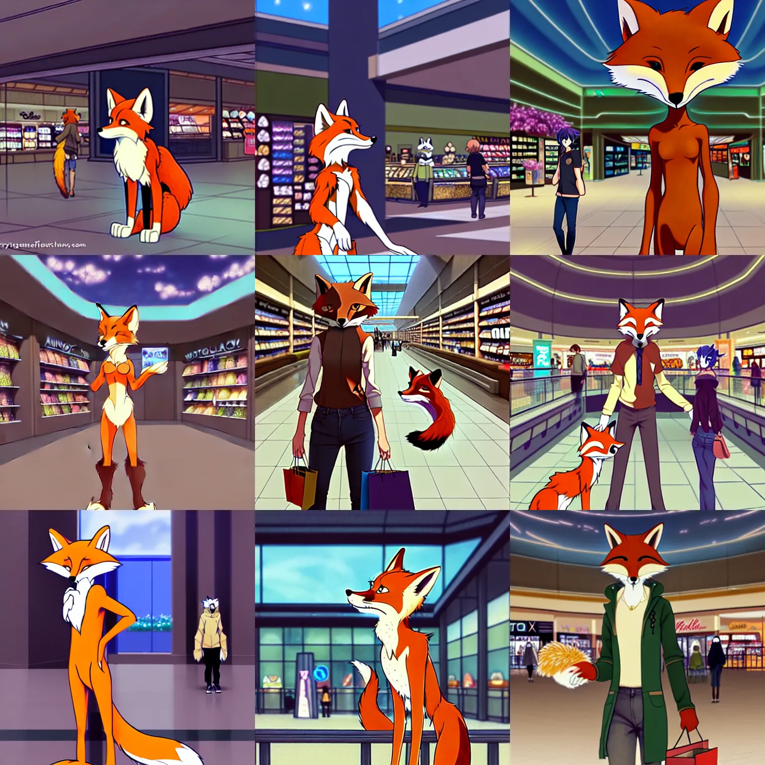 Prompt: an anthropomorphic natural furry ( ( fox ) ) shopping at a futuristic mall, photorealistic!!!!, anime!!!!, makoto shinkai, james gurney, don bluth, disney, hibbary, dark natasha, goldenwolf, furaffinity, fursona, commission