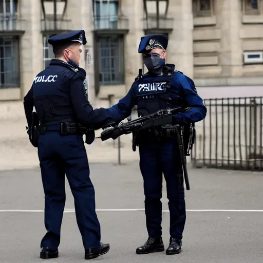 Image similar to a policeman with the face of emmanuel macron