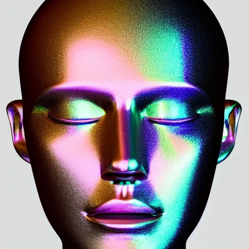 Image similar to 3d render of holographic human robotic head made of glossy iridescent, surrealistic 3d illustration of a human face non-binary, non binary model, 3d model human, cryengine, made of holographic texture, holographic material, holographic rainbow, concept of cyborg and artificial intelligence