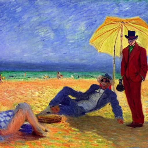 Prompt: a joker and a armed robber chilling on ipanema beach by monet