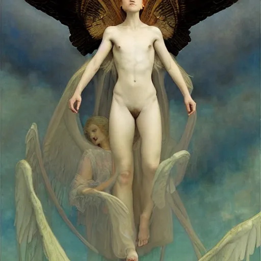 Prompt: epic masterpiece full body portrait a ghost haunting a beautiful angel, by Edgar Maxence and Ross Tran and Michael Whelan