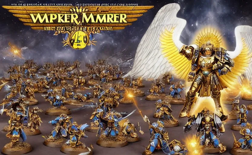 Prompt: the golden primarch of the emperor with angelic wings leading space marines into war, warhammer 40k anime