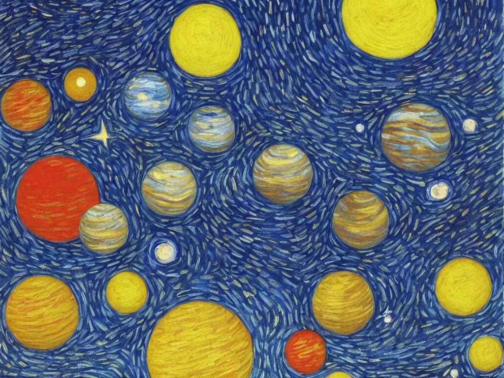 Prompt: A beautiful painting of a five planets by Gioele Muscolino and Van Gogh, There are only five planets that are black, white, yellow, red, and blue, behind the galaxy and the universe, Trending on artstation, starry sky