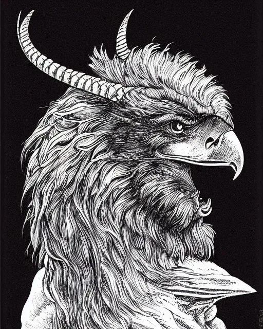 Prompt: a creature with the body and eyes of a man, beak of an eagle, the mane of a lion, two horns of an ox. drawn by moebius