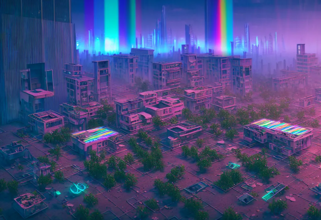 Image similar to A highly detailed crisp unreal engine render of aerial drone photo of A beautiful futuristic cyberpunk abandoned city building with neon, plants, perfect well made rainbow on the sky, sunlight breaking through clouds, debris on the ground, abandoned machines bright warm colors by wangchen-cg, 王琛,Neil blevins, artstation, Isometric japanese city, volumetrics, 3d render, octane render, Gediminas Pranckevicius