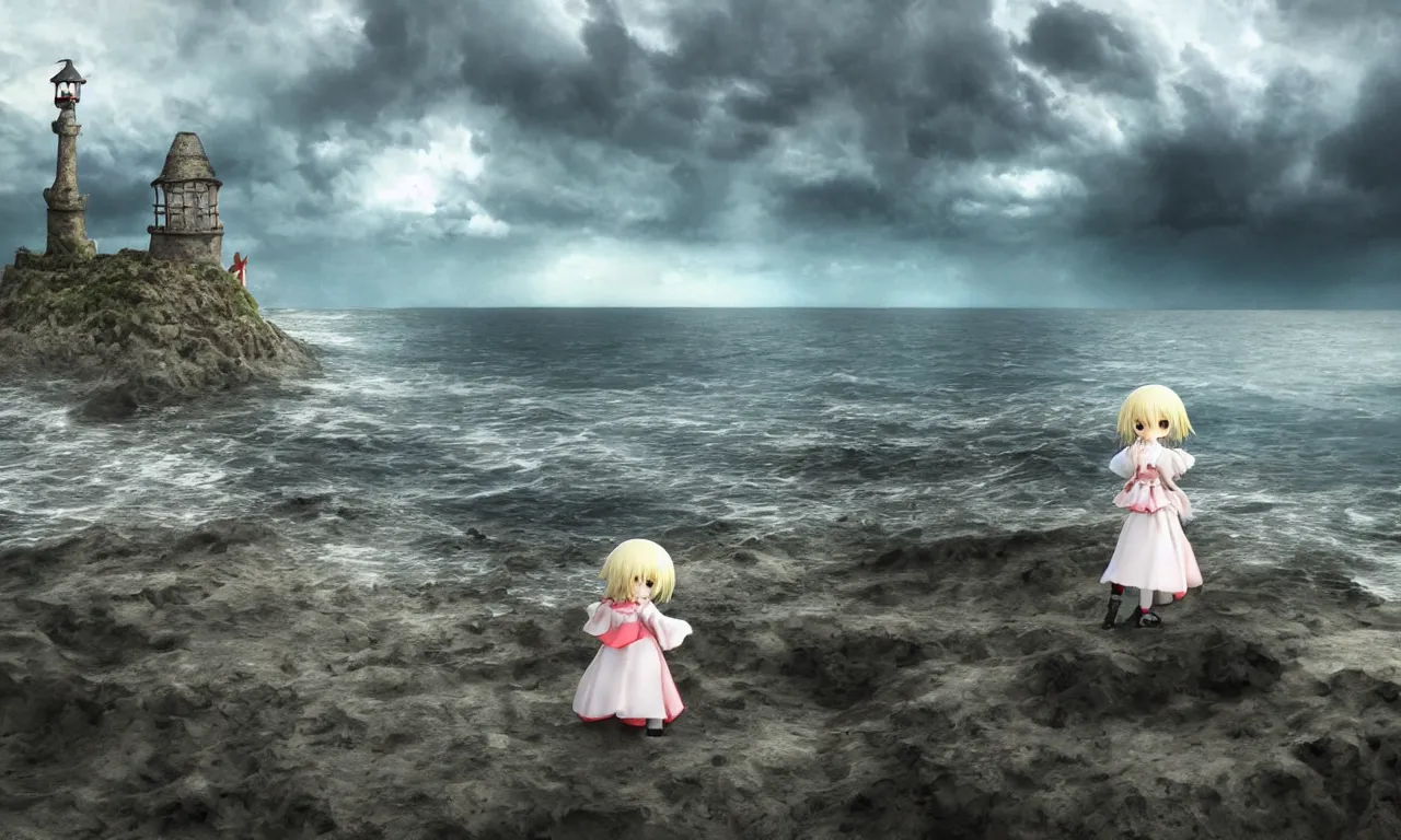 Image similar to cute fumo plush girl enigmatic gothic maiden anime girl on an abandoned island surrounded by the sea, marine beach seascape, storm clouds in the distance, vignette, vray