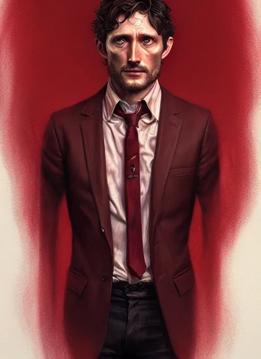 Image similar to ultra realistic illustration, handsome will graham. dark red, blood, intricate, highly detailed, digital painting, artstation, concept art, smooth, sharp focus, illustration, art by artgerm and greg rutkowski and alphonse mucha and wlop