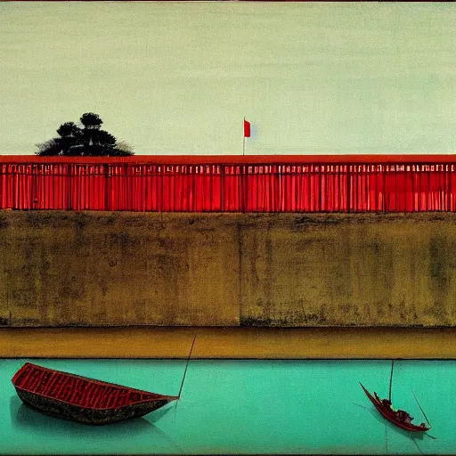 Image similar to a chinese prison near a river by peter doig, muted colors