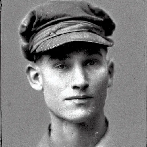 Image similar to A photograph portrait of Jerma985 wearing a newsboy cap in the early 1900s, taken in the early 1900s, grainy, taken on a early 1900s Kodak Camera, realistic, hyperrealistic, very realistic, highly detailed, very detailed, extremely detailed, detailed, digital art, trending on artstation