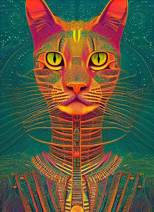 Prompt: prompt! dream symmetry!! stunning portrait of beautiful a egypt cat!! by victo ngai, kilian eng vibrant colours, dynamic lighting, digital art, winning award masterpiece, fantastically beautiful, illustration, aesthetically inspired by beksinski and dan mumford, trending on artstation, art by greg rutkowski, 8 k