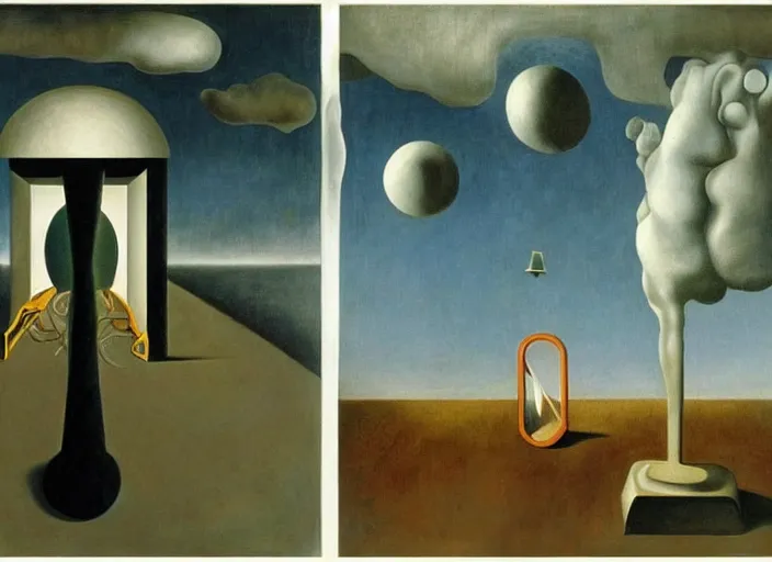 Image similar to maddening forbidden knowledge paranoia from a strange machine by leonora carrington and rene magritte and salvadore dali