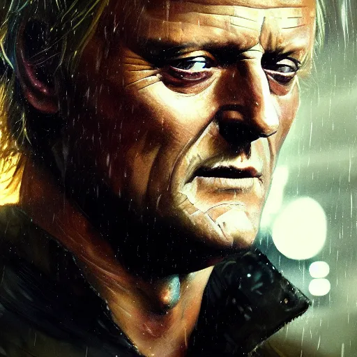 Image similar to cinematic portrait of rutger hauer in blade runner, neon rain, moody, elegant, by alyssa monks, highly detailed, symmetrical face, fine details, masterpiece, trending on artstation