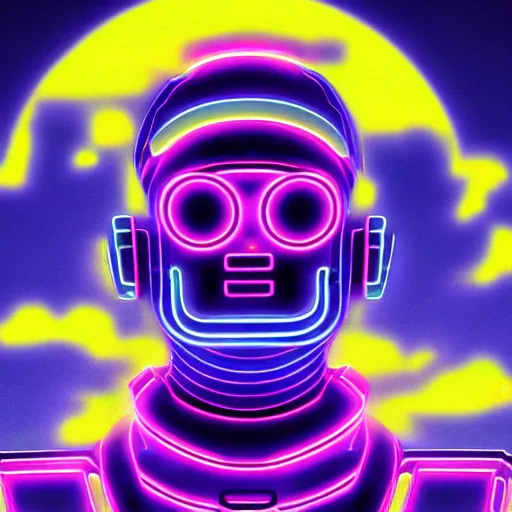 Prompt: a neon robot on the clouds, glowwave, digital art