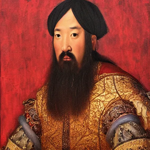 Image similar to Highly detailed and cinematic Renaissance period portrait oil painting Kublai Khan, an oil painting ((masterpiece)) by ((Josep Tapiró Baró)), dynamic lighting, 8K