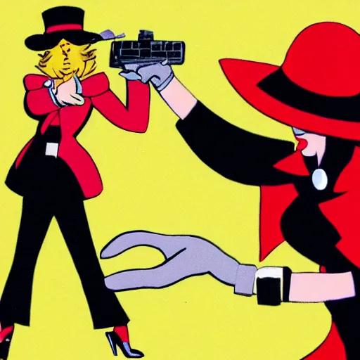 Prompt: carmen sandiego shooting a mace gun, high - res, art by dr. seuss