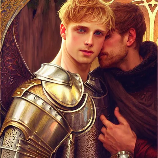 Image similar to attractive arthur pendragon and his favourite attractive male knight, they are in love, camelot, natural lighting, path traced, highly detailed, high quality, digital painting, by gaston bussiere and ross tran and j. c. leyendecker and alphonse mucha