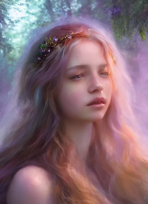 Prompt: portrait of a gorgeous fairy princess of the forest, soft iridescent skin, 8k render, ultra realistic, cinematic lighting, artstation, Annie Leibovitz, artgerm
