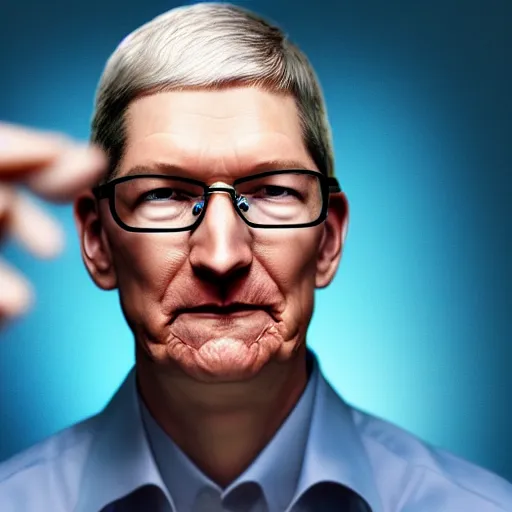 Image similar to tim cook. pointing his finger in the air. mythical organic biomechanical man. futuristic. blue blurry background. highly detailed, intricate steampunk ornate, poetic, 3 d render, digital art, octane render, 8 k artistic photography, photorealistic.