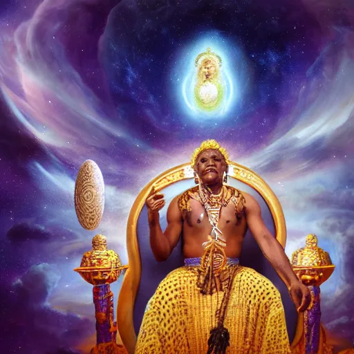 Prompt: obatala the cosmic god sitting on a throne of nebula clouds, by Adi Granov and amanda sage, matte painting, orisha, 8k, hd