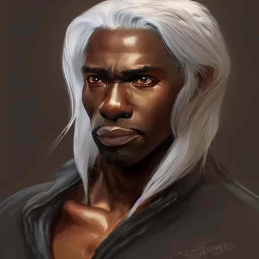 Image similar to wow, fanart ugly muscular black man with white hair and a protruding jaw with visible pectoral muscles, detailed, digital art, artstation, smooth, sharp focus, art by artgerm, greg rutkowski, alphonse mucha