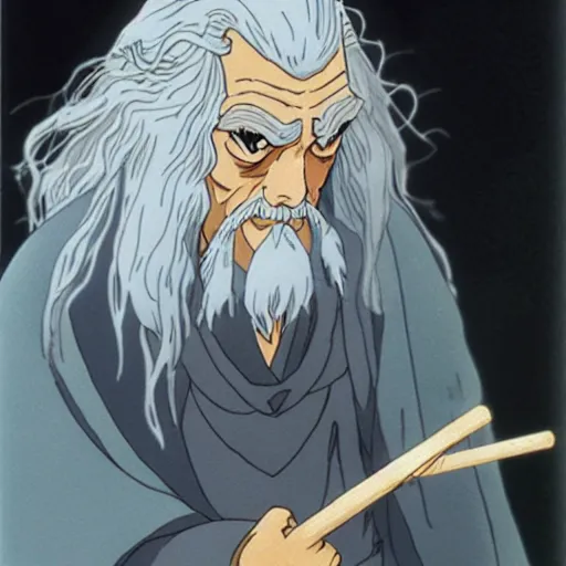 Image similar to gandalf from the anime lord of the rings (1986), holding a wooden staff, studio ghibli, very detailed, realistic