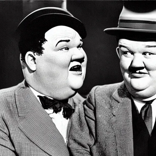 Image similar to Laurel and Hardy in hats are standing, looking into the distance. the man in the centre is facing the front, looking downwards at his stomach by Frank Kelly Freas