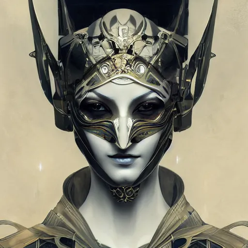 Image similar to a cyborg empress with mask, art nouveau ivory accessories, cyberpunk, darksynth, luxury, concept art by jama jurabaev, extremely detailed, ominous, ethereal, artstation, andree wallin, edvige faini, balaskas, alphonse mucha, symmetry