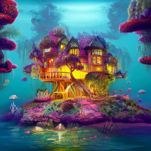 Prompt: fancy treehouse mansion built in coral underwater reef landscape detailed luminescent magical realism 4 k painting