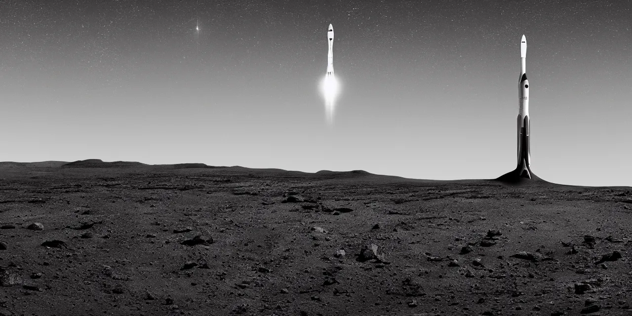 Image similar to black and white photo of a rocket landing on bright mars, black background, cinematic film still, high contrast, astrophotography, 4 k, hard lighting, cgi, octante render,