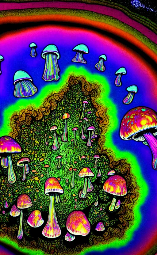 Image similar to looking down at trippy alien world with large psychedelic mushrooms