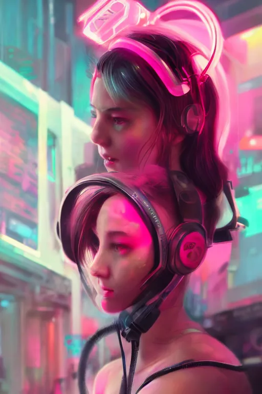 Image similar to gamer girl with a pink headset, city street, cyberpunk, harsh neon lights, highly detailed, sharp focus, digital painting, illustration, trending on artstation, art by sakimichan, wlop, greg rutkowski