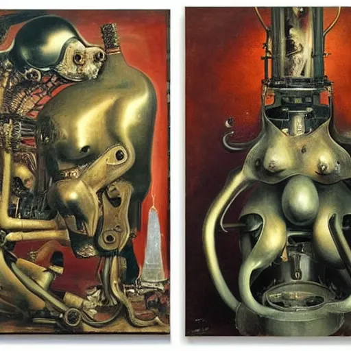 Image similar to Oil painting by Dali. Two mechanical trash gods with animal faces kissing. Oil painting by Hans Bellmer.