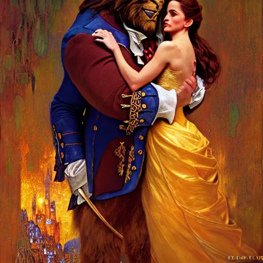 Prompt: portrait of the beast from beauty and the beast. fantasy painting by gaston bussiere craig mullins jc leyendecker gustav klimt artgerm greg rutkowski john berkey, bergey, craig mullins, ruan jia, raymond swanland, tom lovell