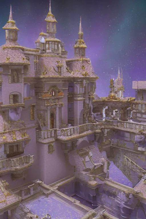 Image similar to multi level baroque castle in space, calm, tranquil, faded effect, detailed, vaporwave colors, render by substance designer