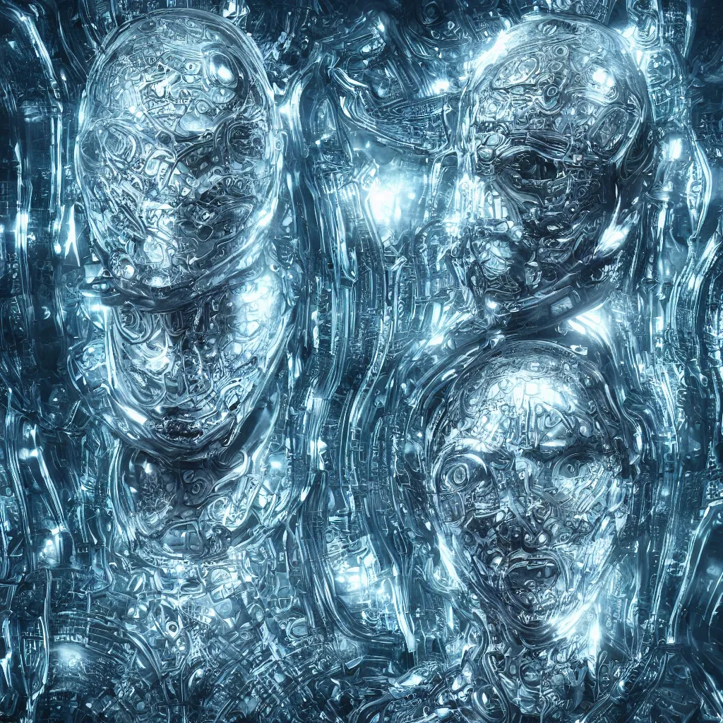 Image similar to an insanely detailed cibernetic artwork of a futuristic artificial intelligence superstar, extremely detailed water texture, centered image, perfectly symmetrical alien face, with frames made of detailed fractals, octane render, 4k, insanely detailed, detailed grid as background, cgi