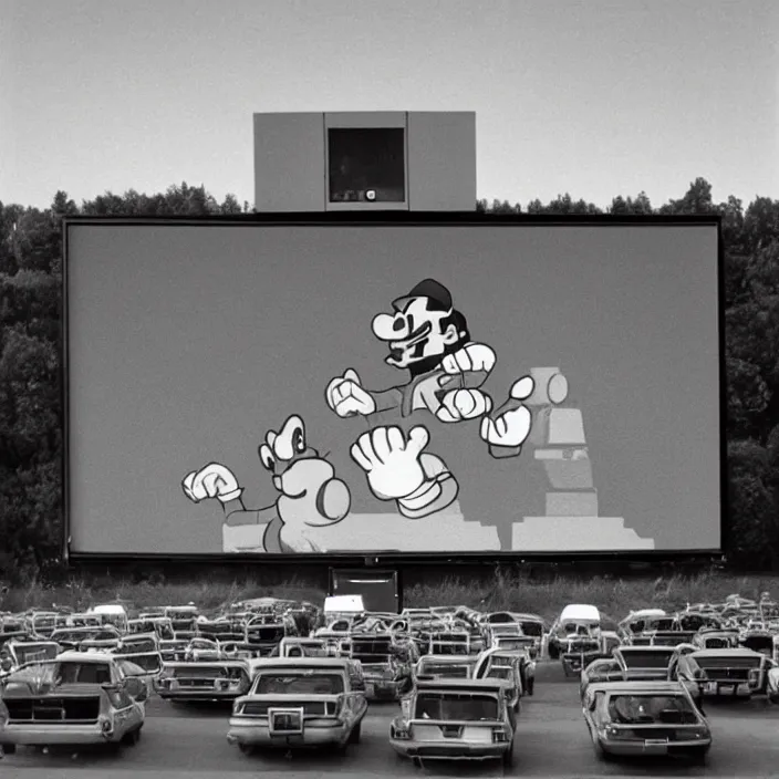 Image similar to level 1 of the original super mario bros. being played at a drive - in movie theater, movie still