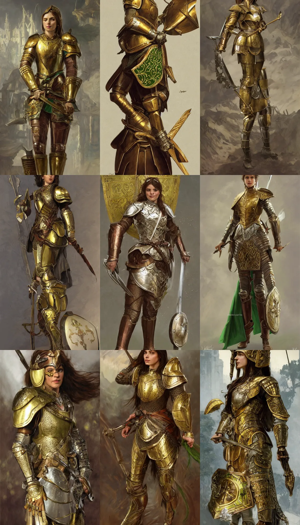 Prompt: full body portrait of a female italian warrior medium length brown hair and a very highly detailed face wearing elegant golden plate mail armor with green and white cloth, holding a tall tower shield and a long flintlock pistol, highly detailed, artstation, cgsociety, realistic character concept art, sharp focus, by michael komarck and greg rutkowski and alphonse mucha
