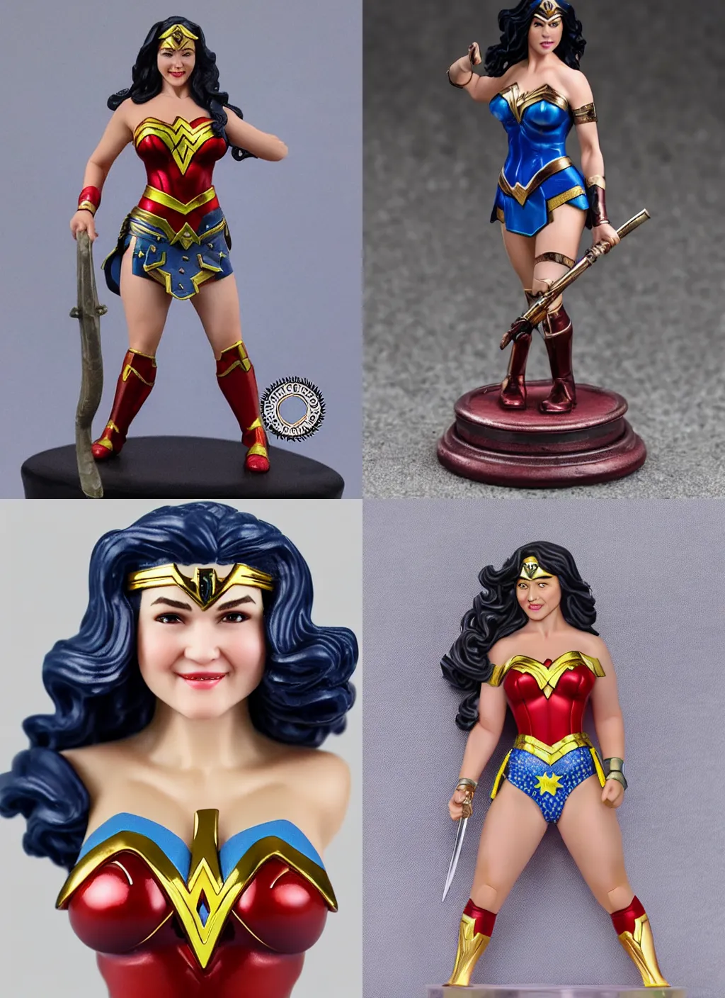 Prompt: 80mm resin detailed miniature of chubby wonder woman, smile, beautiful bone structure, symmetrical facial features, Product Introduction Photos, 4K, Full body
