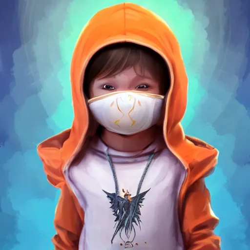 Image similar to baby Angel, baby cherub,wearing angel halo, ski mask, balaclava, face covered, wearing angel halo covered face, orange hoodie, hip hop, multiple golden necklaces, fantasy art apex fortnite Video game icon, 2d game art gta5 cover , official fanart behance hd artstation by Jesper Ejsing, by RHADS, Makoto Shinkai and Lois van baarle, ilya kuvshinov, rossdraws