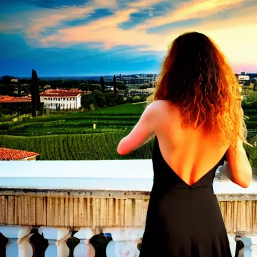 Prompt: gorgeous woman in a black backless dress stands on a Venice hotel balcony looking out in the distance, long wavy blonde hair Italian countryside, sunset, digital painting